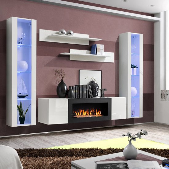 Showing image for Hanging wall unit FLY M2 with biofireplace and lighting - White Hanging wall unit FLY M2 with biofireplace and lighting - White image
