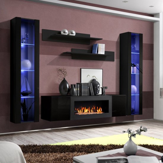 Showing image for Hanging wall unit FLY M2 with biofireplace and lighting - Black Hanging wall unit FLY M2 with biofireplace and lighting - Black image