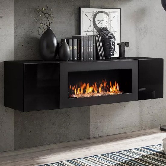 Showing image for Hanging wall unit FLY M2 with biofireplace and lighting - Black Hanging wall unit FLY M2 with biofireplace and lighting - Black image