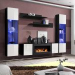 Hanging wall unit FLY M3 with biofireplace and lighting - Black / White
