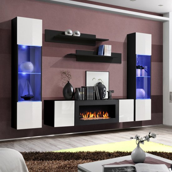 Hanging wall unit FLY M3 with biofireplace and lighting - Black / White image