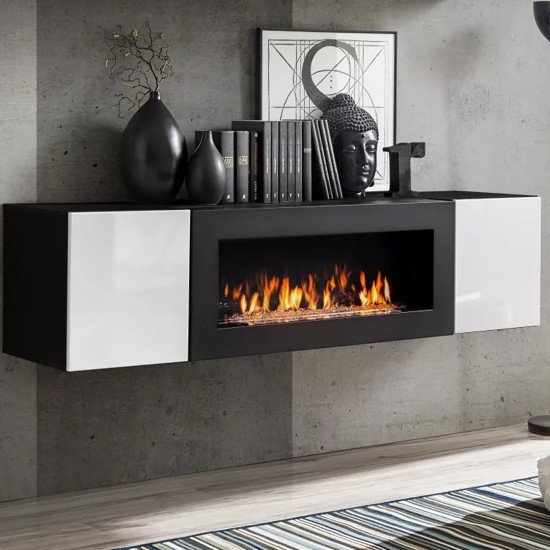 Hanging wall unit FLY M3 with biofireplace and lighting - Black / White image