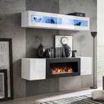 Стенка навесная FLY N2 с биокамином и подсветкой - White