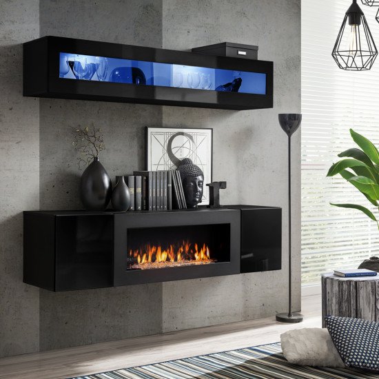 Showing image for Hanging wall unit FLY N2 with biofireplace and lighting - Black Hanging wall unit FLY N2 with biofireplace and lighting - Black image
