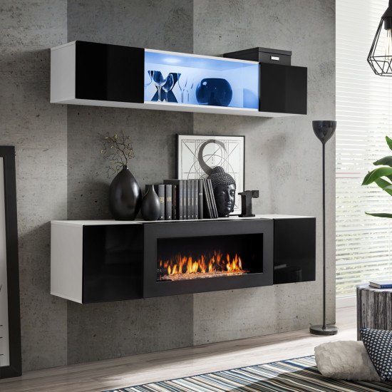 Showing image for Hanging wall unit FLY N3 with biofireplace and lighting - White / Black Hanging wall unit FLY N3 with biofireplace and lighting - White / Black image