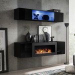 Стенка навесная FLY N3 с биокамином и подсветкой - Black